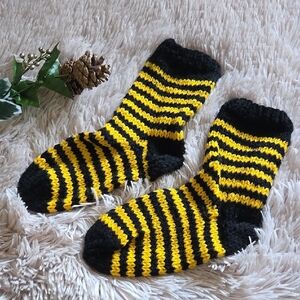 Handknit Handmade Womwn's Black and Yellow Bee Striped Cozy Casual Lounge Socks